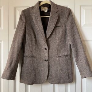 Women's Vintage Herringbone Tweed Brown Wool Blazer